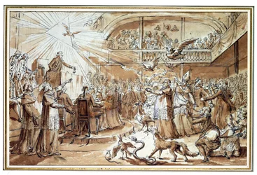 Karikatur des Klerus bei der Verfassungsversammlung im Dezember 1790, die die Einführung der Zivilverfassung der Kirche ablehnt, 1790